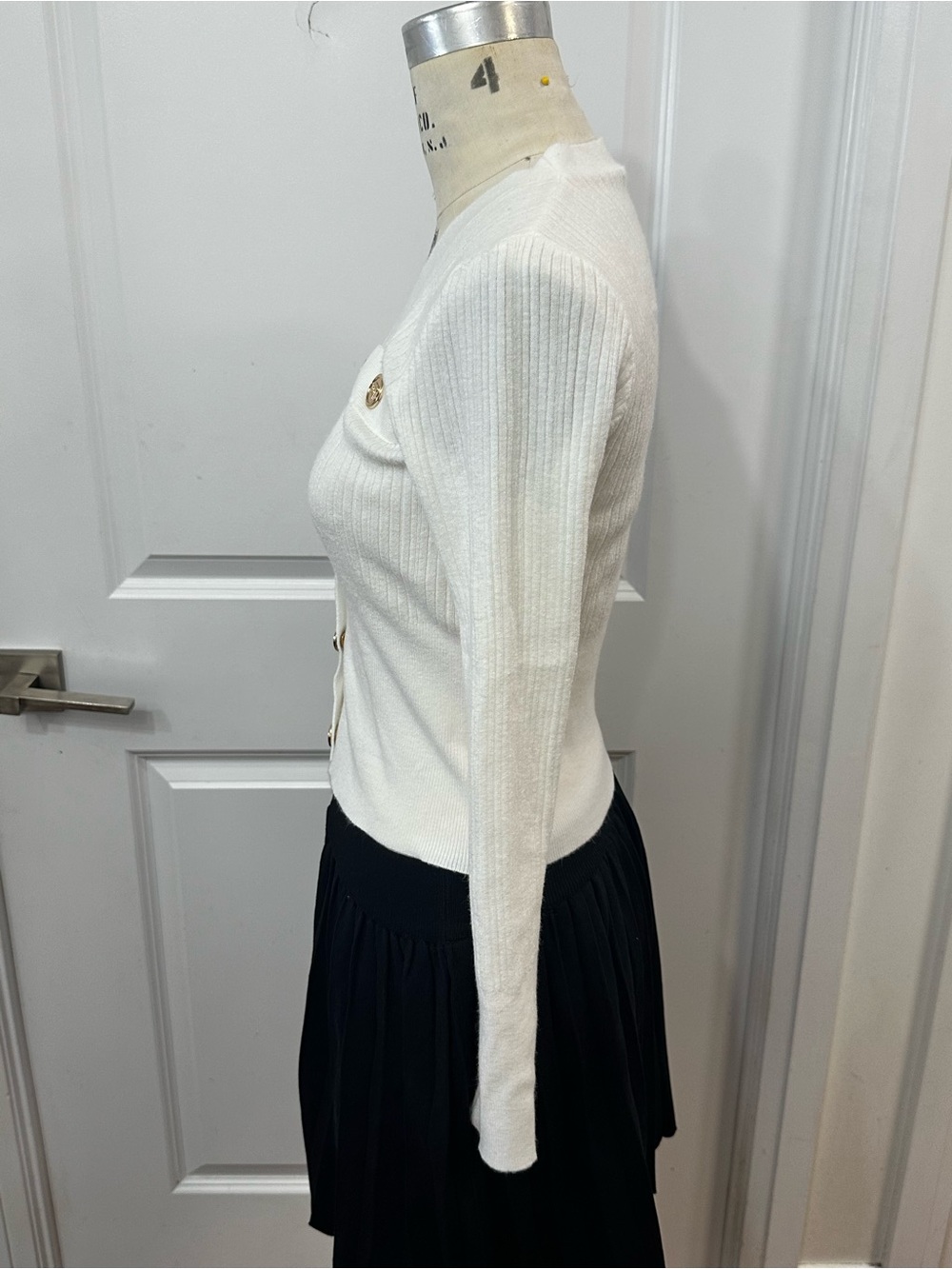 Cream Ribbed V-Neck Button Cardigan Sweater - Picture 4 of 4